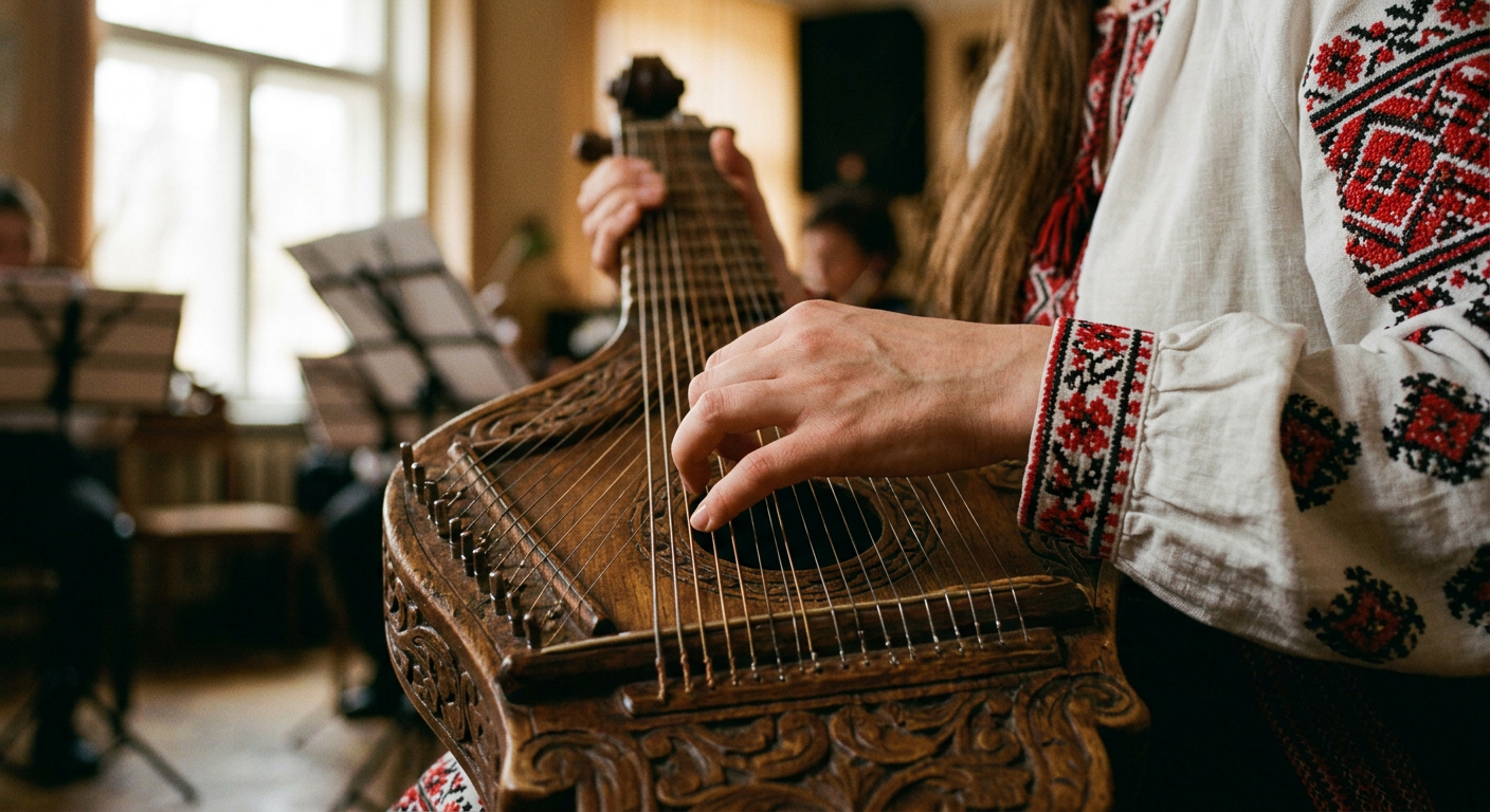 Close-up of a young musician playing a bandura, wearing an embroidered sleeve