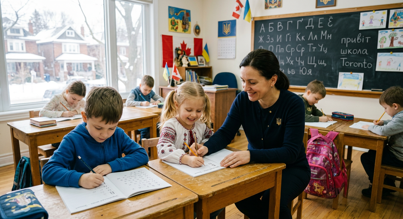 Teacher helping young students practise Ukrainian letters in a bright classroom